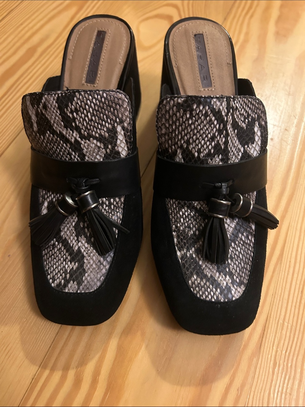 Tahari black suede snake print clogs mules
